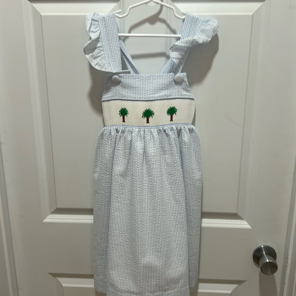 Stitchy Fish Girls Size 8 Seersucker Dress | Palm Trees Beach Dress | Worn Once